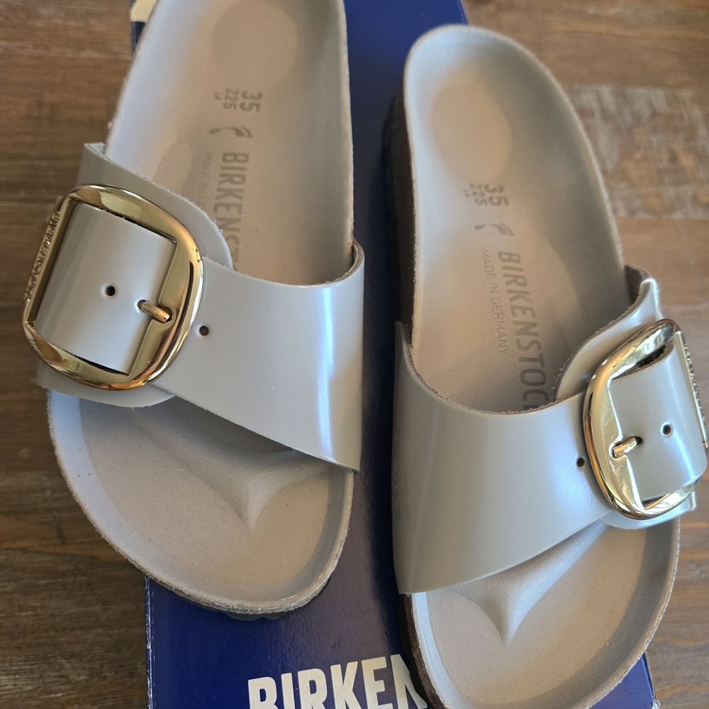 Birkenstock Madrid Sandals in Gray with Gold Buckles